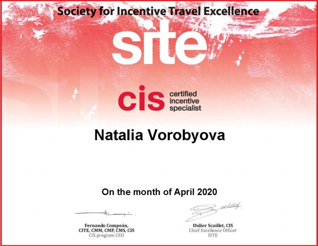 Natalia Vorobyova, Project Manager at Tsar Events Russia DMC & PCO has got CIS (Certified Incentive Specialists) Designation by SITE (Society of Incentive Travel Excellence)